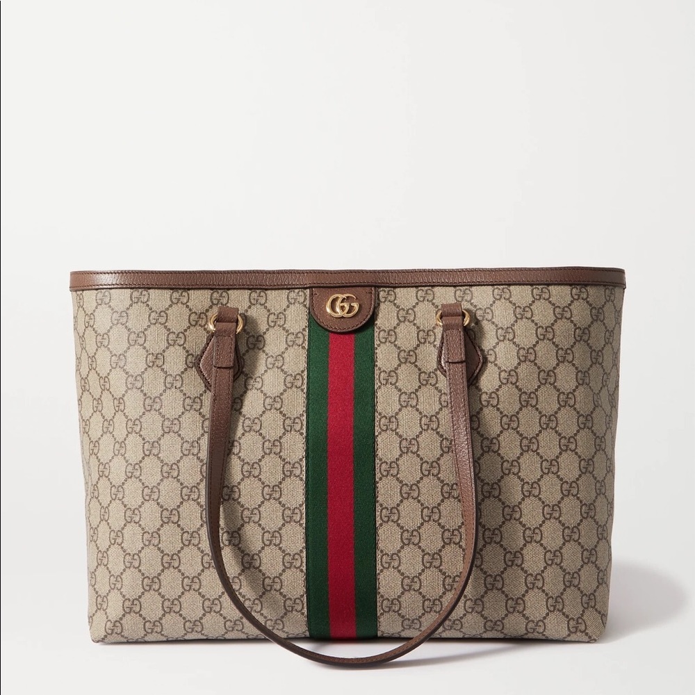 GUCCI OPHIDIA GG MEDIUM TOTE IN BEIGE AND EBONY .